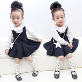2016韩版春款女童套装 婴儿衣服女宝宝两件套 休闲条纹背带裙+T恤