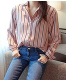 土豆在韩国代购正品stylish文艺风撞色条纹粉色新款春季长袖衬衫