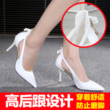 韩版白色高跟鞋女细跟尖头镂空性感后蝴蝶结漆皮黑色夏款舒适单鞋