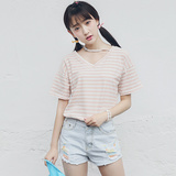 可语2016夏季新款韩版短袖v领条纹T恤气质显瘦上衣女甜美学生简单