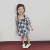 韩国童装女童吊带露肩格子连衣裙A字连衣裙超甜美棉麻裙子