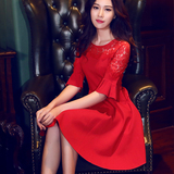 韩版2016夏季新款女装蕾丝拼接喇叭袖大码显瘦红色时尚连衣裙礼服
