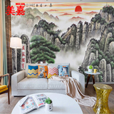 5D定制无缝壁画手绘水墨国画泰山日出中式风景壁纸3d客厅背景墙纸