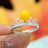 925纯银女戒指空托琥珀蜜蜡镶嵌皇冠戒指托素银开口托约配7mm圆珠