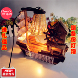 创意田园风格复古木质帆船音乐盒台灯卧室床头装饰工艺灯木制摆件