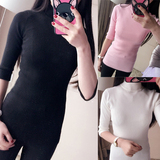 韩版春季中袖款针织衫女半高圆领半袖五分袖打底衫修身毛衣女上衣