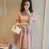 淘抢购同款 韩国收腰显瘦短袖蕾丝连衣裙修身气质粉色A字裙子