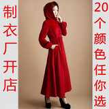 制衣厂大红色女式羊绒毛呢大衣中长款灯笼袖修身腰带连帽呢子风衣