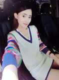 欧洲站欧货2016夏款韩版女装V领拼接彩虹条纹长袖中长款T恤上衣