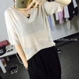 韩国订单夏季薄款透视V领针织衫女短袖宽松显瘦舒服打底衫针织T恤