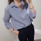 2016夏秋新款韩版竖条纹长袖衬衫女中长款宽松显瘦细条纹打底衬衣
