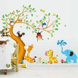 超大可移除卡通动物墙贴纸儿童房幼儿园卧室墙壁装饰贴画 卡通树