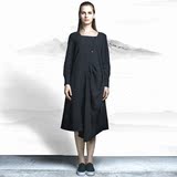 末尚原创设计师女装品牌2016秋新款黑色棉麻不规则中长款连衣裙