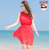 维绯波西米亚背心裙红色圆点波点沙滩裙无袖雪纺连衣裙夏度假短裙