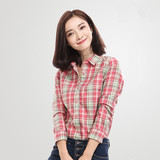 2016春季新款衬衫女装磨毛修身长袖衬衣韩版学生格子学院风衬衫