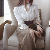 韩国代购2016秋装新款女装小清新文艺范长袖蕾丝拼接衬衫百搭上衣