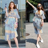 韩国代购2016夏季新款女装度假波西米亚雪纺V领显瘦中长款沙滩裙