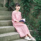 2016夏季新款女装中国风复古文艺侧盘扣中长款棉麻连衣裙亚麻袍子