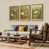 客厅装饰画 手绘油画 东南亚风格金箔画荷花玄关三联有框装饰挂画