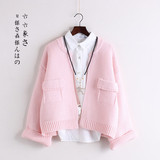 韩版纯色粗线喇叭袖针织开衫短款女甜美宽松糖果色口袋毛衣外套
