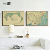 复古中文中国地图世界地图带框欧式客厅装饰画书房办公室有框地图