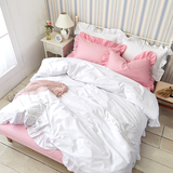 纯色全棉四件套纯棉床单荷叶边花边被套粉色白绿色1.5米1.8m双人