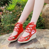老北京女布鞋高跟绣花鞋民族风坡跟红色单鞋内增高跳舞汉服鞋婚鞋