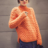春季韩版麻花兔毛短款套头毛衣外套半高领开叉兔绒针织衫橘色女装