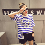2016夏装新款女装韩版宽松卡通开叉蓝白条纹海军风短袖T恤海魂衫