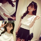 韩版纯色圆领刺绣t恤女夏季气质短款松紧收腰短袖女雪纺显瘦上衣