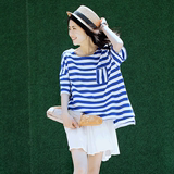 海魂衫女短袖宽松圆领韩版学生打底衫夏季纯棉海军风蓝白条纹t恤
