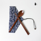 出口日本 楠木筷勺套装 蓝布袋天然原木筷子勺子套装木质日式
