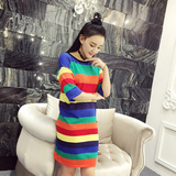 连衣裙女 2016夏季新款 韩版时尚女装彩虹条纹长款t恤 潮Q6668