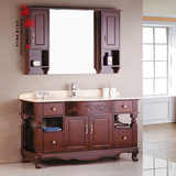 欧式仿古橡木浴室柜落地柜实木卫浴大理石台面洗手盆镜边柜盆组合