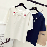 包邮 2016夏季韩国软妹子甜美爱心刺绣系带海军领学生短袖T恤上衣