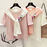 包邮 2016夏季韩版学院风甜美冰淇淋刺绣披肩绑带休闲短袖T恤女