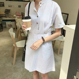 韩国太阳的后裔宋慧乔姜暮烟同款气质护士服收腰条纹衬衫式连衣裙