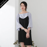 JANESENTL夏季新款韩版条纹衬衫女式休闲两件套装宽松五分袖 中裙