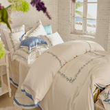外贸韩式地中海风格样品房床品套件天丝绣花床上用品四件套白蓝色