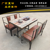 工业风实木火锅桌做旧水管铁艺火锅烧烤桌椅工业风烤涮一体桌椅