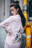 AudreyWang新款夏季防晒衬衫外套超长款粉色后背绣花侧开叉长衬衫