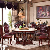 欧式大理石餐桌椅组合全实木雕花圆形饭桌美式复古深色带转盘餐台