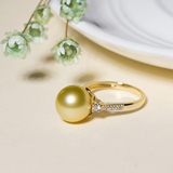 思语珍珠 天然南洋金珠珍珠戒指14K金莲花托进口锆石指环女戒指