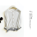 夏季新款女装通勤韩版修身显瘦薄款低圆领条纹开衫七分袖上衣女