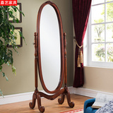 美式实木全身镜 简约落地穿衣镜 特价欧式复古试衣卧室旋转镜子