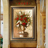 客厅古典玫瑰花卉欧美式纯手工绘装饰玄关走廊挂壁竖版单副油画