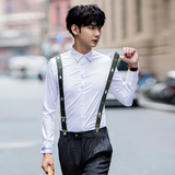男士韩版青年修身长袖衬衫潮流发型师衣领袖口字母刺绣衬衣工作服