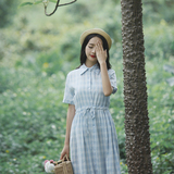 日韩森女系2016夏季复古文艺格子森女民国风短袖中长款连衣裙