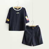 06夏季新款印花日系西装风短袖T恤宽松七分裤个性休闲运动套装 女