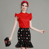 MIUCO女装2016夏季新款花边袖红色上衣+红唇印花包臀鱼尾半裙套装